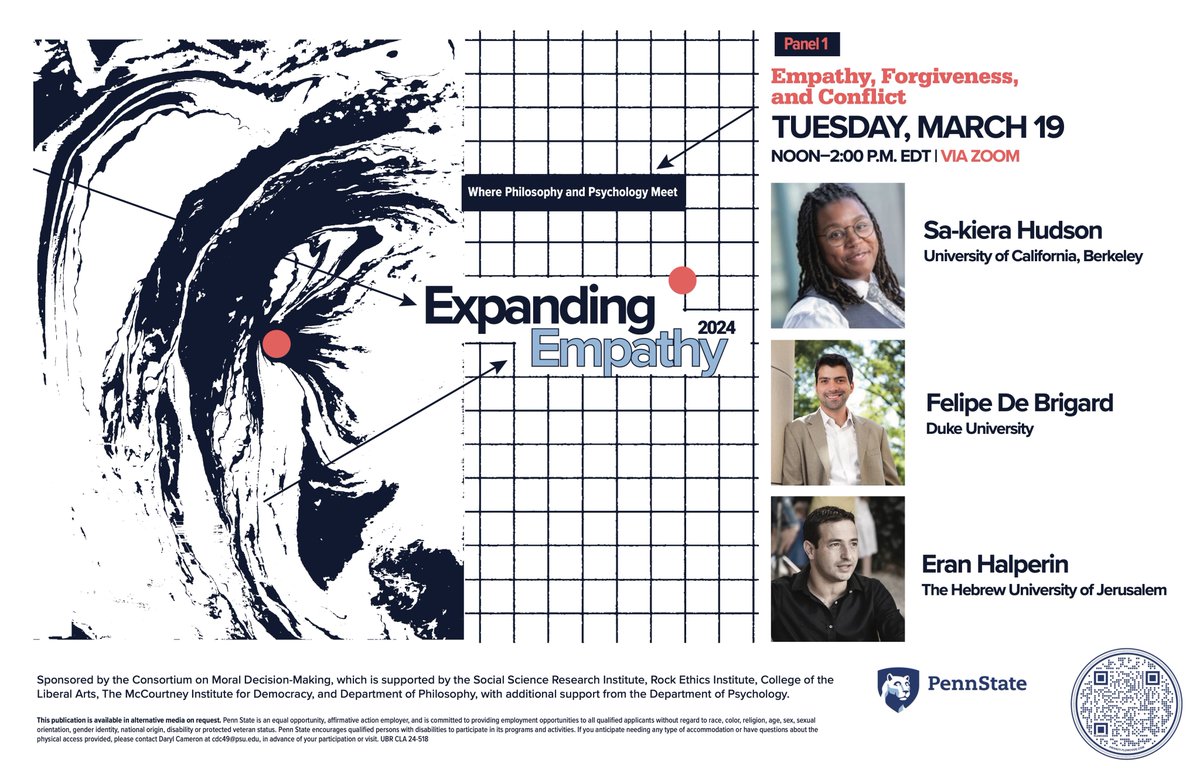 We're two weeks out from the first Expanding Empathy 2024 panel! We'll be joined by @Sakiera_Hudson, Felipe De Brigard, @eranh75_eran each giving talks on the theme of empathy & schadenfreude, forgiveness, and conflict. Register for free webinar here: psu.zoom.us/webinar/regist… 1/n