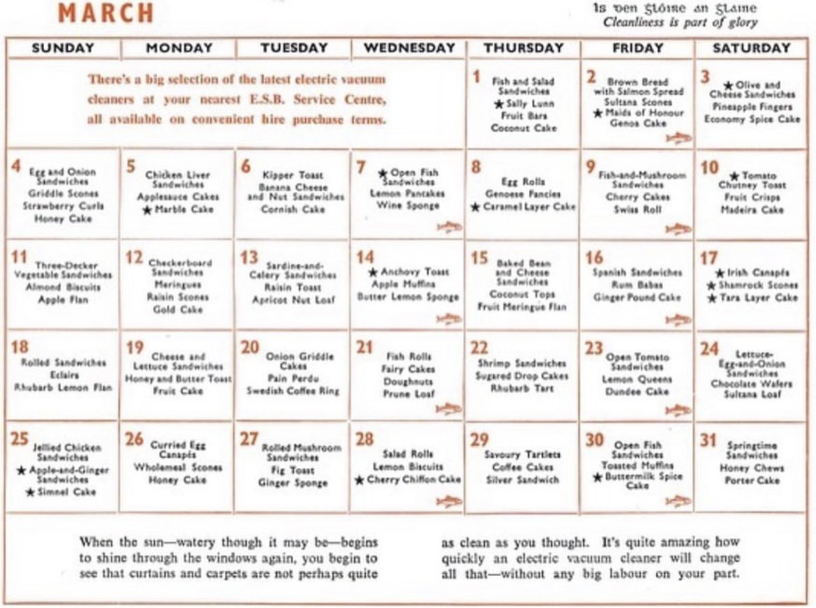 esb-archives-on-x-esb-housewives-calendar-march-1962-it-s-march-time-for-shamrock-scones-springtime-sandwiches-to-view-more-menu-ideas-from-mauralaverty-wonderful-artwork-from-b-lynes-visit
