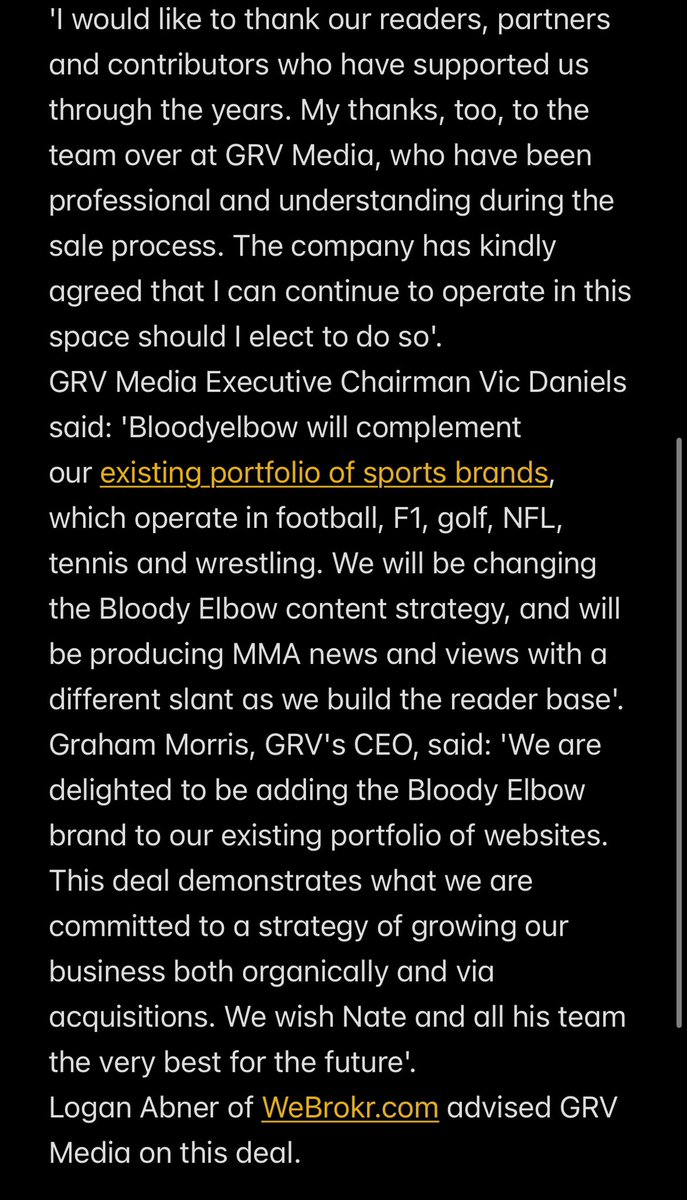 aaronbronsteter's tweet photo. GRV Media has purchased @BloodyElbow and announced that none of the current staff will be retained per a release: https://t.co/FViv4Dym1z

@KidNate announced via BE's newsletter that they will continue covering MMA with some of the previous staff under a new name via Substack. https://t.co/9aIBjvtoyH