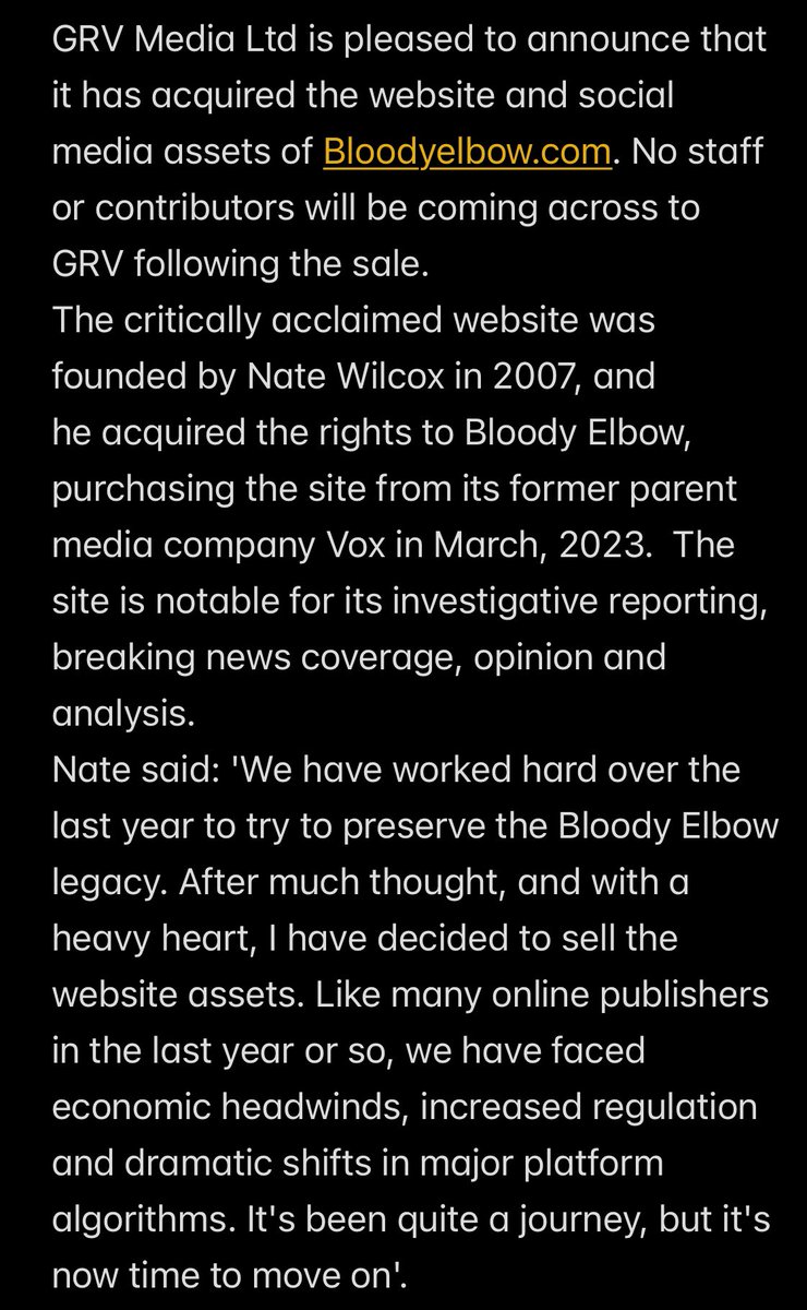 aaronbronsteter's tweet photo. GRV Media has purchased @BloodyElbow and announced that none of the current staff will be retained per a release: https://t.co/FViv4Dym1z

@KidNate announced via BE's newsletter that they will continue covering MMA with some of the previous staff under a new name via Substack. https://t.co/9aIBjvtoyH