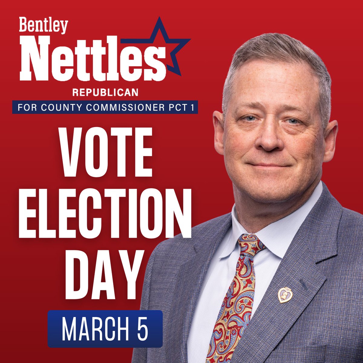 I’m running for Brazos County Commissioner Pct. 1 to save taxpayers money, strengthen our infrastructure, and automate our systems. Today is Election Day, and I’d be honored to have your vote.

Find your polling place: bentleynettles.com/election-day

#VoteTexas