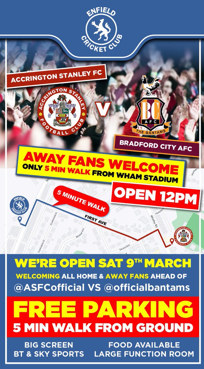 We are open again this Saturday to both Home & Away fans for when @officialbantams travel to @ASFCofficial 🚗 FREE match parking ⏰ Open from 12pm 🚶‍♂️5 minute walk to the ground 🍻 Selection of food and drink available 📺 Large screen with BT & Sky Sports @bcf_independent