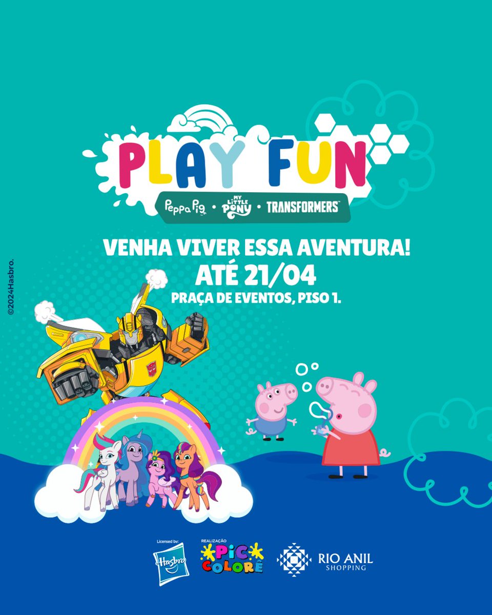 Venha se encantar com os personagens que você AMA! 🤩

Peppa Pig, Transformers, My Little Pony e muito mais, estarão aqui no Rio Anil. 🐽🤖🦄

Vem viver momentos mágicos com a gente!

📲 Consulte o regulamento e valores no site, link na bio.

#RioAnilShopping #ParquePlayFu