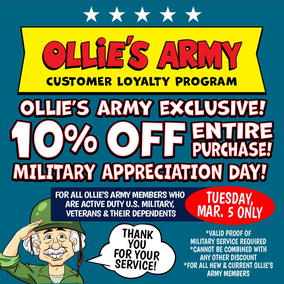 It’s Military Appreciation Day at Ollie’s! All Active Duty U.S. Military, Veterans & their dependents get 10% Off One ENTIRE purchase! #goodstuffcheap * Must be a registered Ollie's Army Member * Valid proof of military service required * Cannot be combined w/ other discounts