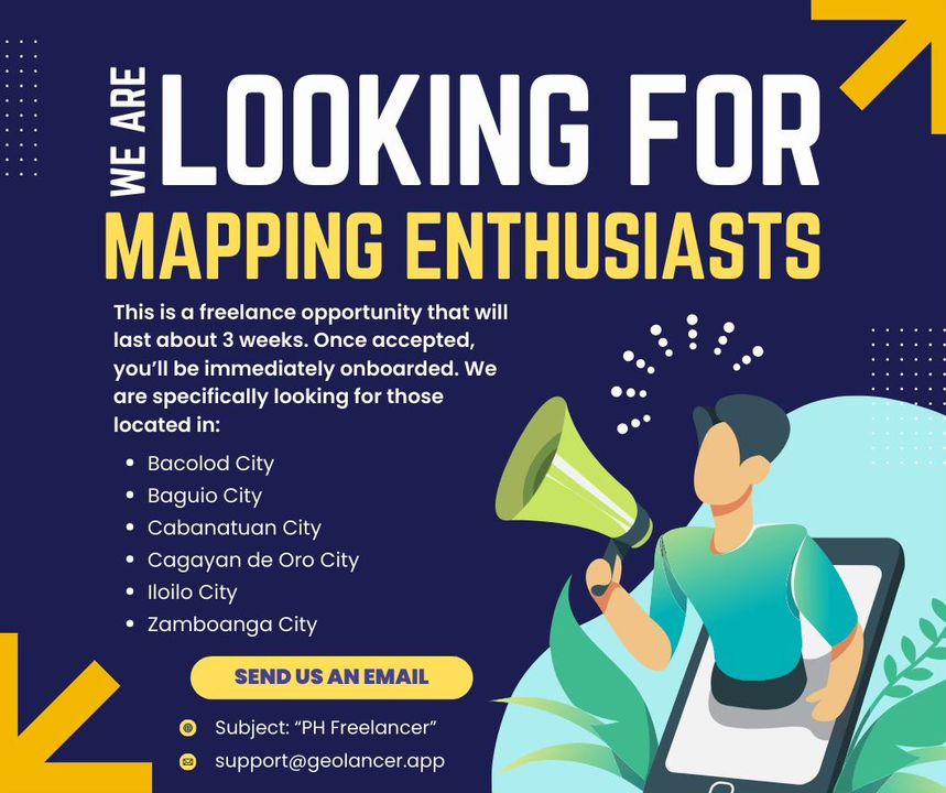 📣 Hey Pinoys, if you like to go on bike rides during the weekends, then this is the perfect time to turn those miles into money!
 
You'll just need:
✅ anI Upwork account,
✅ your mobile phone, and
✅ mobile data 🗺️
 
Interested? Send us an email at support@geolancer.app