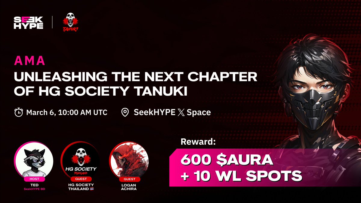 AMA INCOMING | March 6, 10:00 AM UTC

🎙 Join us to uncover the second FREE MINT H.G. Tanuki Ember, and get a sneak peek at the next chapter in this collection, along with holder perks.

🎁 Giveaway: 10 Whitelist Spots &amp; 600 $AURA. 

🎧 Set reminder: x.com/i/spaces/1YpKk…