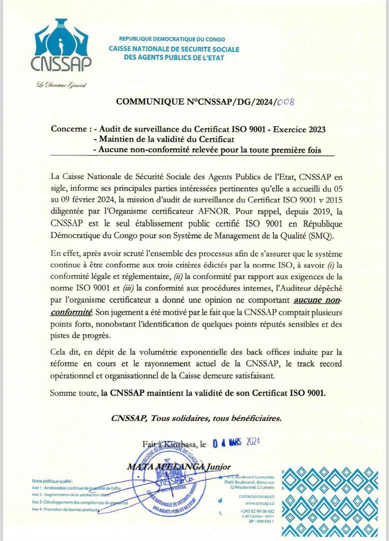 Cnssap_RDC's tweet photo. 🚨🚨🚨 La CNSSAP maintient la validité de son certificat ISO 9001 à l'issue des audits qualité réalisés par @AFNOR du 05 au 06 février 2024. ✅
Les détails dans le communiqué ci-annexé. https://t.co/tpKWW9AK7f