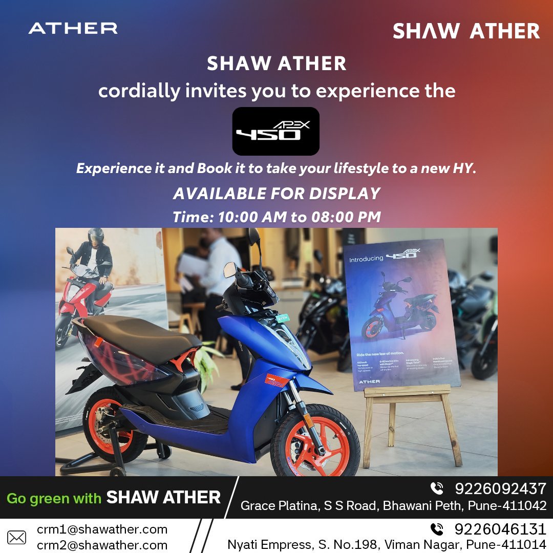 Shaw Ather welcomes you to experience the Ather 450 Apex.
The vehicle is available for display from 21 February 2024, 10.00 AM onwards
#Ather450Apex
To know more contact your nearest SHAW ATHER showroom-
S.S. Road, Pune | Viman Nagar, Pune

☎ 9226046131 / 9226092437