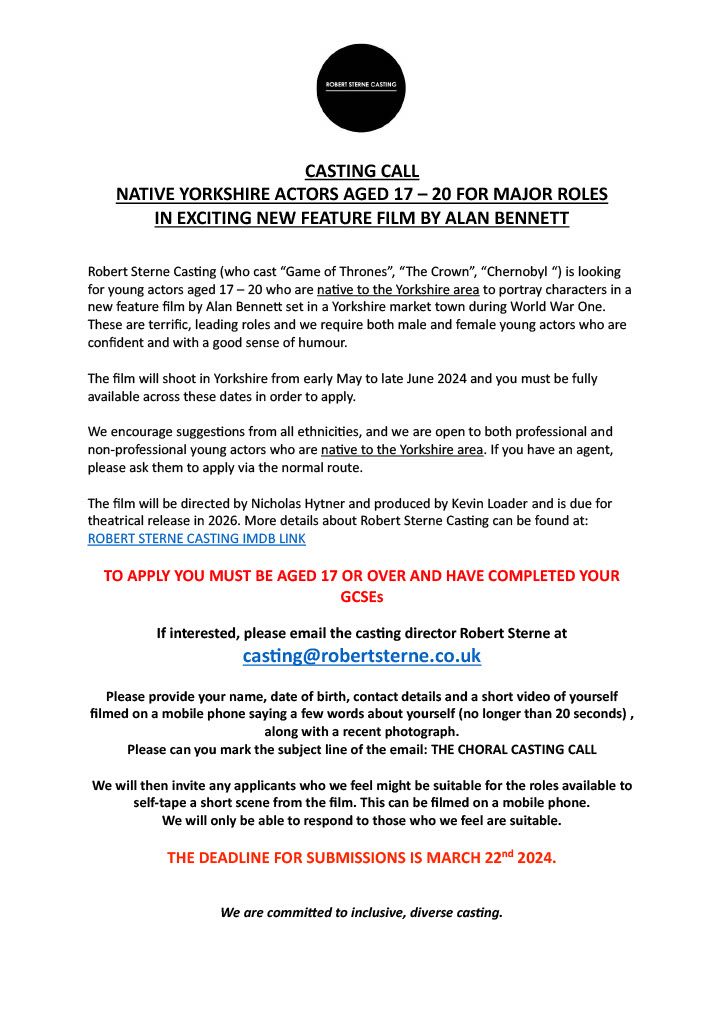 FEATURE FILM CASTING CALL. Searching for native Yorkshire actors for leading roles in a new film by Alan Bennett. Please see flyer below. #castingcall