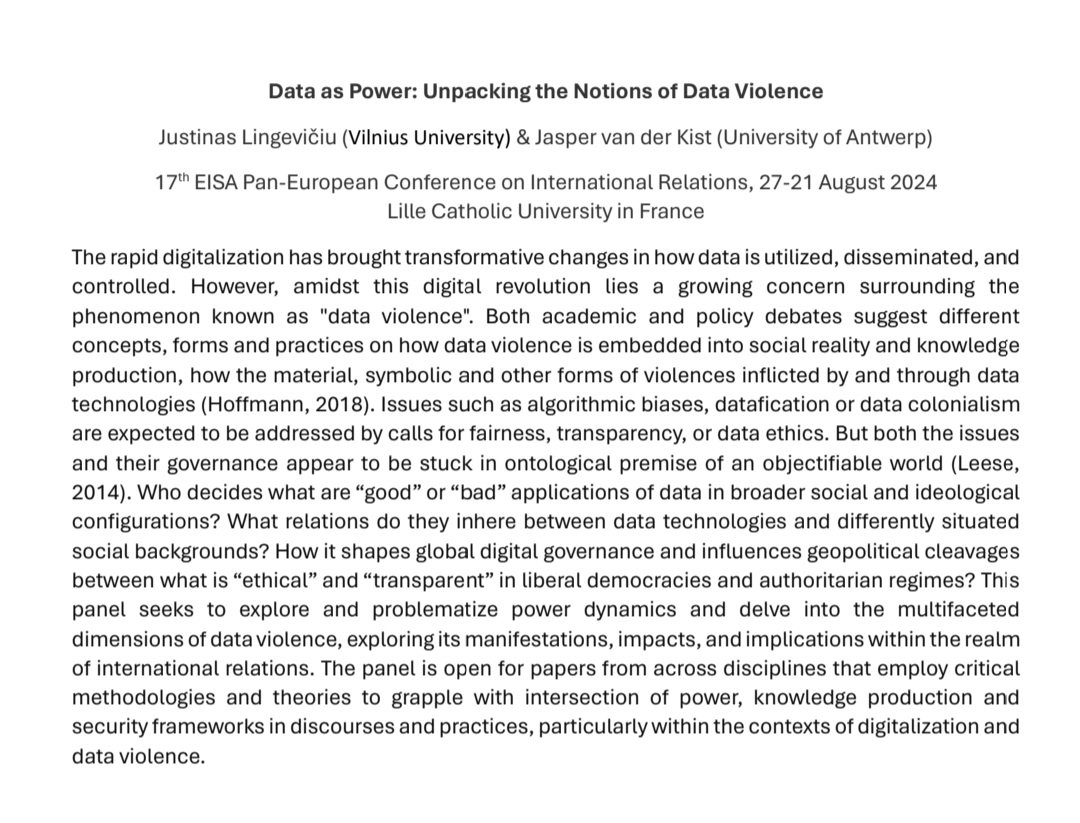 Planning to attend #EISAPEC2024 @europeanisa and working on the topics of data violence? @JaspervdKist and I are putting a panel together for the section on 'Digital IR' and inviting contributions 👇 If interested to join, please DM by March 11