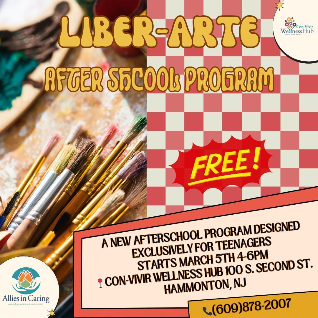 🎨 Exciting News! 🎨 Introducing Liber-Arte, our innovative afterschool program for teens in South Jersey! Unleash creativity, boost mental health, and foster self-expression through art. Join us on March 5th at Con-Vivir Wellness Hub.

More Programs:  buff.ly/3sZYD9j
