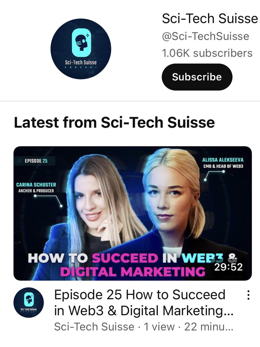 Shutout to <a href="/wiw3ch/">Women in Web3 Switzerland</a> during my recent podcast for <a href="/SciTechSuisse/">Sci-Tech Suisse & Life Style Podcast</a> 🎙️✨ featuring <a href="/alissaonchain/">Alissa Alekseeva</a> &amp; <a href="/kubleag/">Kuble AG</a> 

youtu.be/y6NqOvSowsc?si…

#tech #WomenEmpowerment #podcast #interview