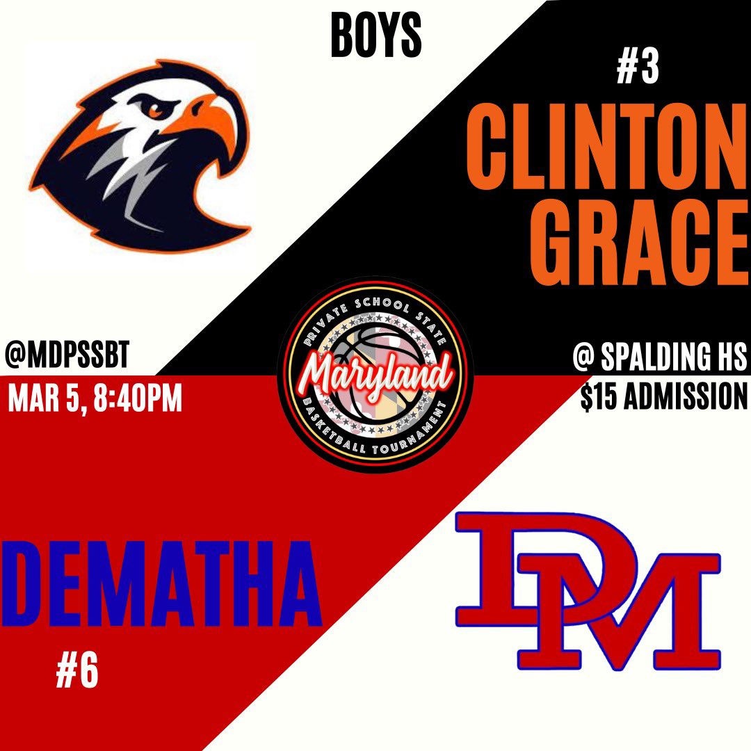 MDPSSBT's tweet image. Back in action today for the Boys Quarterfinals at Spalding

#2 Georgetown Prep vs #7 St. Andrew’s at 3:40

#4 Spalding vs #5 Mt. Zion at 5:20

#1 Bullis vs #9 Rock Creek White at 7:00

#3 Clinton Grace vs #6 DeMatha at 8:40