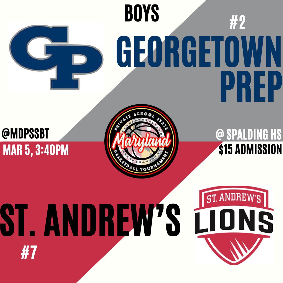 MDPSSBT's tweet image. Back in action today for the Boys Quarterfinals at Spalding

#2 Georgetown Prep vs #7 St. Andrew’s at 3:40

#4 Spalding vs #5 Mt. Zion at 5:20

#1 Bullis vs #9 Rock Creek White at 7:00

#3 Clinton Grace vs #6 DeMatha at 8:40