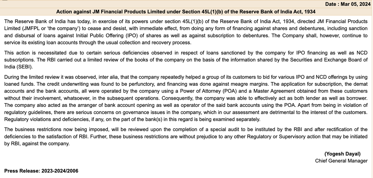 After IIFL Finance, RBI comes after JM Financial.

RBI bans the IPO financing business of JM Financial.

Says that it found irregularities in credit appraisal of customers and lent huge sums at minimal margins.