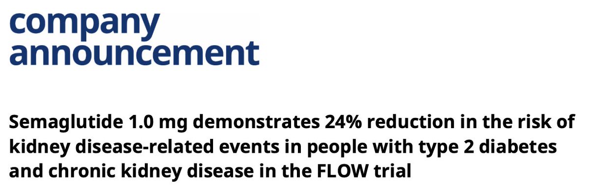 The #FLOW trial top-line results just dropped showing a 24% reduction in a kidney and cardiovascular composite outcome in #semaglutide treated patients.

FLOW enrolled 3534 patients with #type2diabetes and #CKD
Composite primary outcome = ⬇️50% in GFR, ESKD, CV/renal death