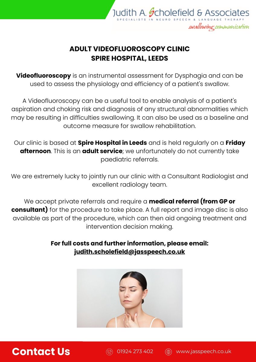 VIDEOFLUOROSCOPY CLINIC 
SPIRE HOSPITAL, LEEDS 

We've had a few case managers contact us to find out more about our VFS clinic so we thought it may be beneficial to share some info with our wider network too.

Please find further information about this service below ⬇️