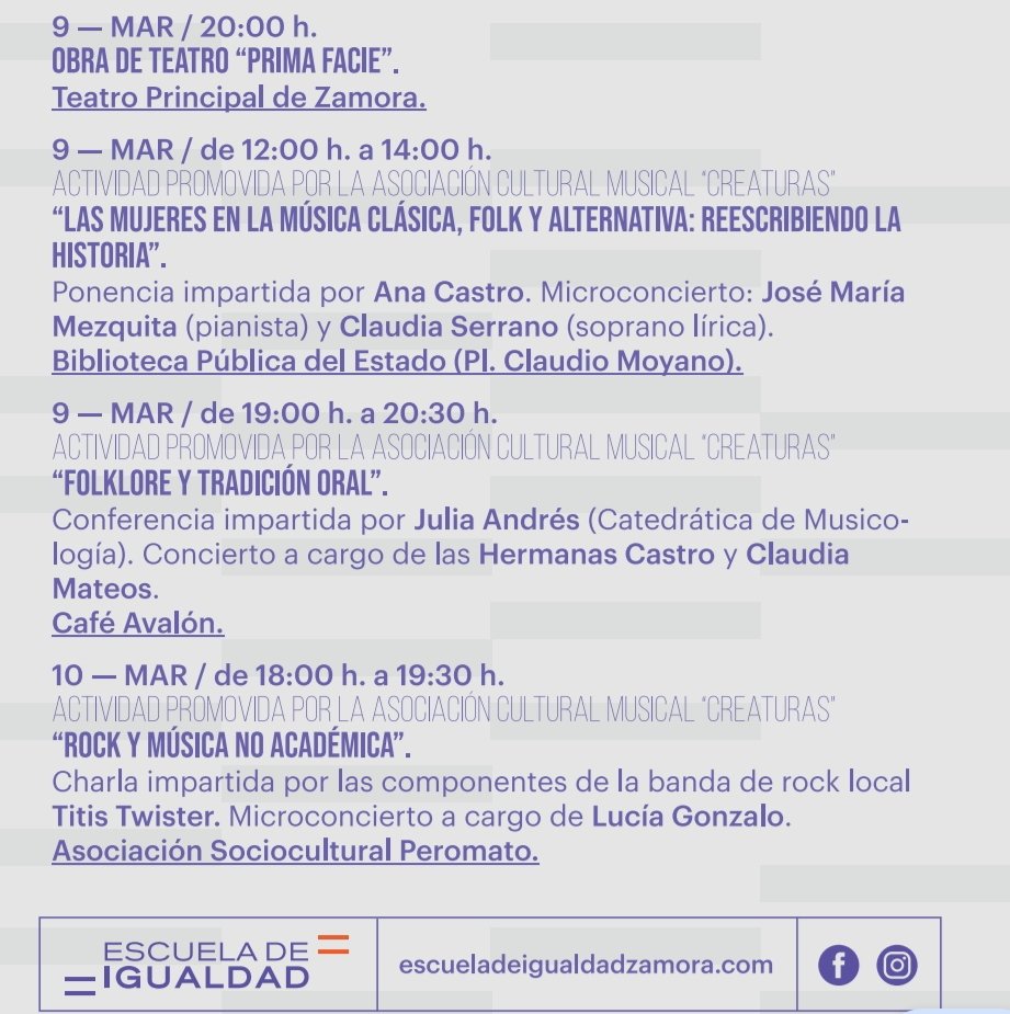 💐Día internacional de la mujer
8 M
Programa de actividades 
📆Del 4 al 10 de marzo
Organiza Escuela de Igualdad de Zamora
ℹ️ Escueladeigualdadzamora.com