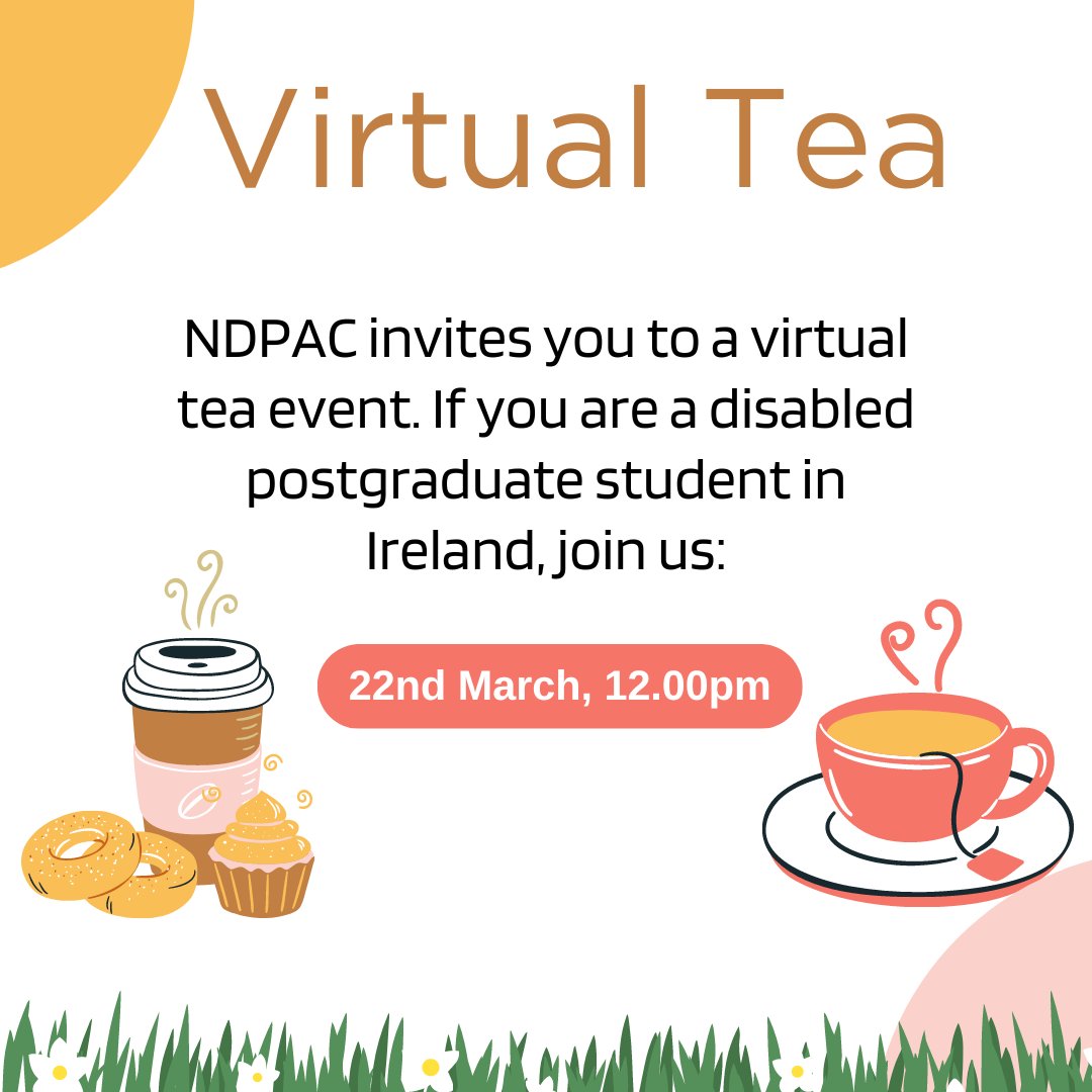 Coming soon. Very excited to host our first Disabled Postgraduate Virtual Tea event. Join us on 22 March at 12.00pm to meet other disabled postgraduates in Ireland &amp; be part of a community. Further details to follow. Follow us on X to keep up to date