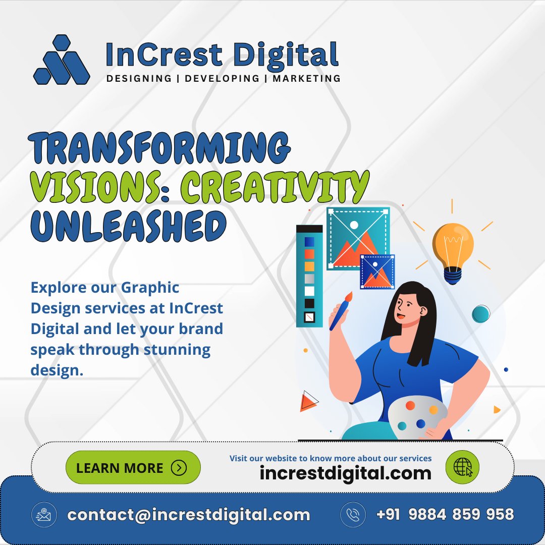 Transforming visions into captivating visuals. Explore our Graphic Design services and let your brand speak through stunning design.

#InCresting #InCrestDigital #GraphicsDesign #BrandDesign #LogoDesign #WebDesign #ContentDesign #MockUpDesign