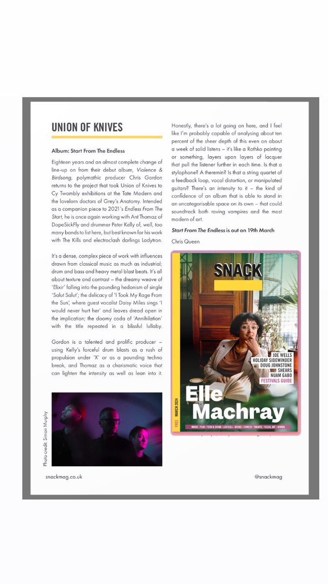 Thank You @SNACKmag for the Cool Review on Upcoming Album ‘Starts from the Endless’ Out March 19th - snackmag.co.uk/read-this-mont… PreSale /Gigs / unionofknives.com #Unionofknives #newmusic #Scotland #UK #Snackmag