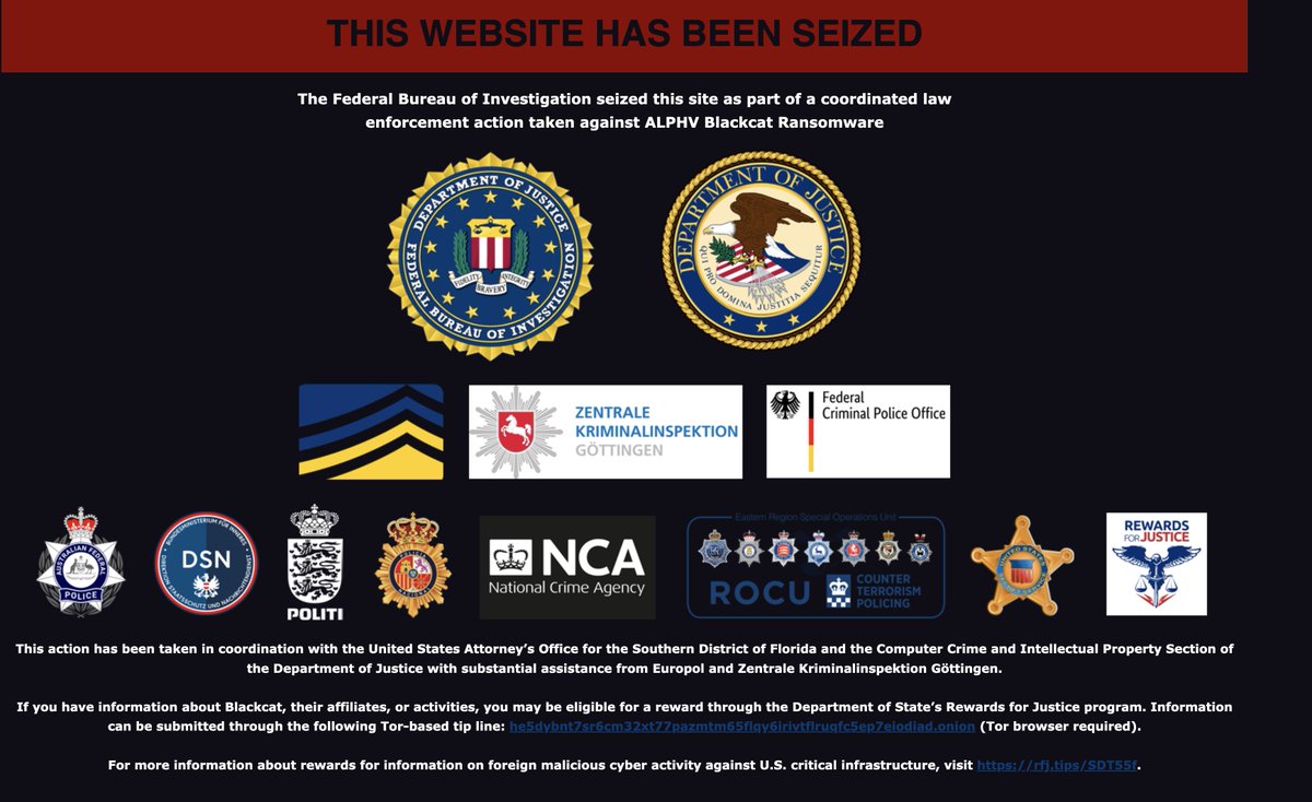 ALPHV, aka BlackCat, ransomware group's blog site has been seized by law enforcement agencies

#DarkWeb #ransomware