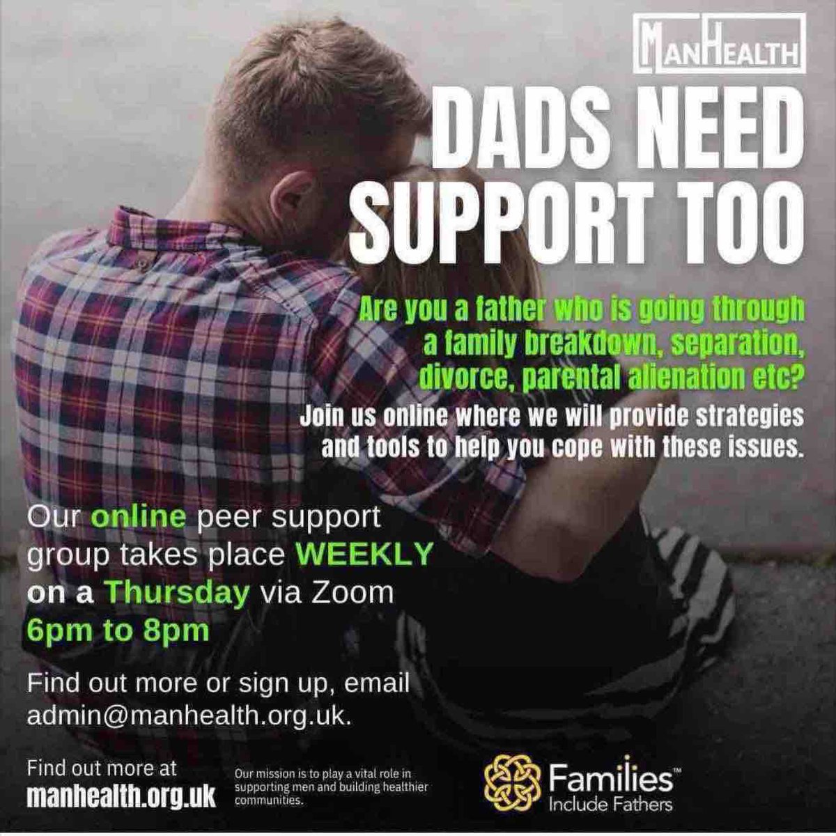 Our online group every Thursdays is aimed at dads who are going through family breakdowns, parental separations, divorce etc

To register, please email admin@manhealth.org.uk and we’ll send you the zoom link 🖥️