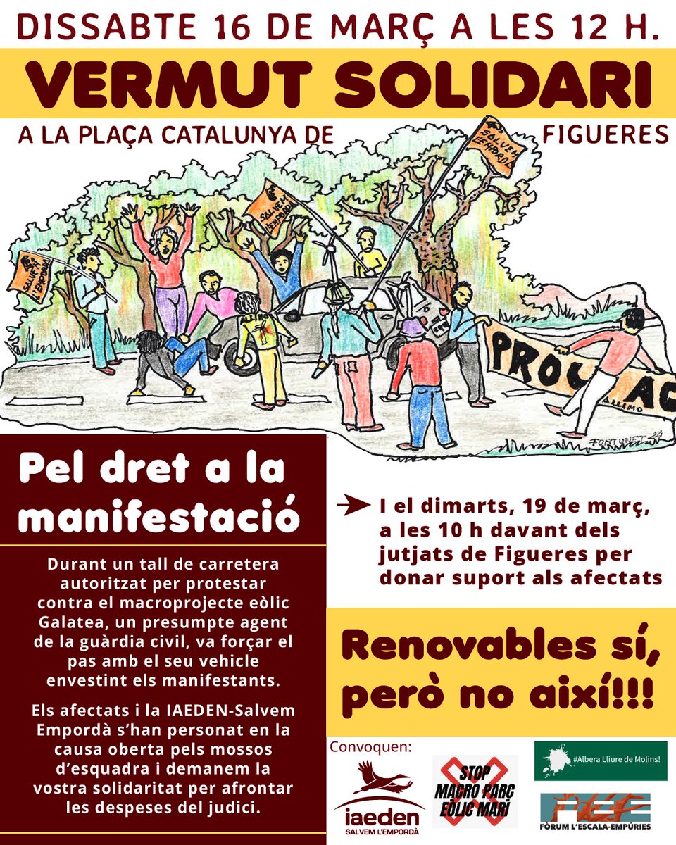 📆El dissabte 16 de març t'esperem a la plaça de Catalunya per fer el vermut solidari🍸i donar suport als manifestants ✊ envestits durant la manifestació de #renovablessíperònoaixí
<a href="/stopmacroparc/">stopmacroparceolicmari</a> @alberalliure <a href="/NOalPE_Galatea/">LA PIPA</a>
@forumescalaempuries
