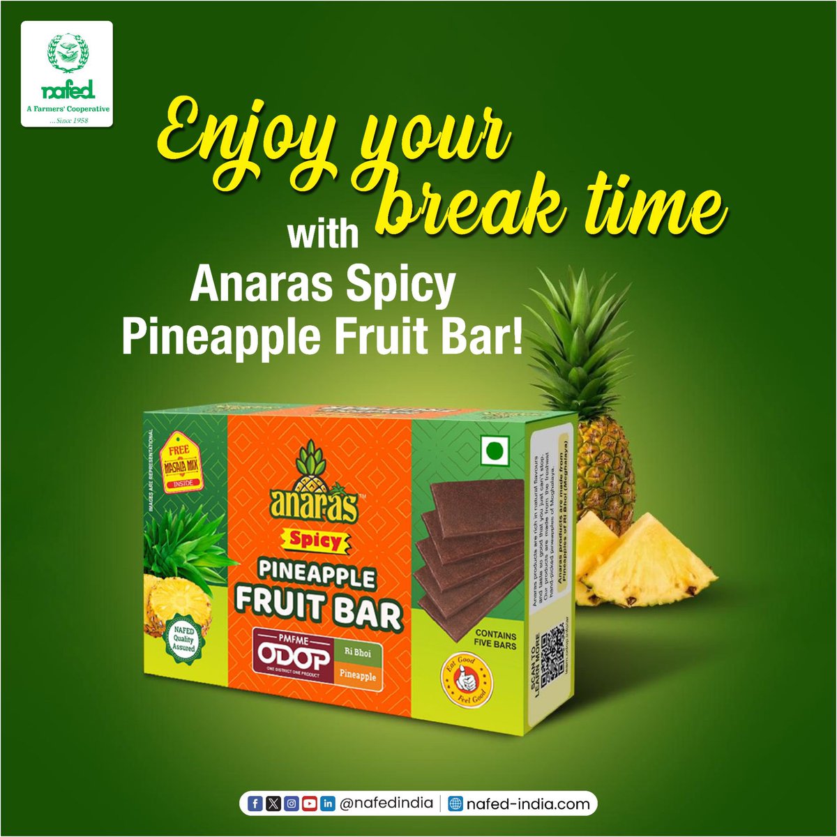 Experience an explosion of taste with every bite. A unique blend of sweet pineapple and zesty spices.
It’s not just a treat - it's packed with vital vitamins and minerals to keep you energized throughout the day.

#NAFEDBazaar #pineapplefruitbar #ODOP #OneDistrictOneProduct