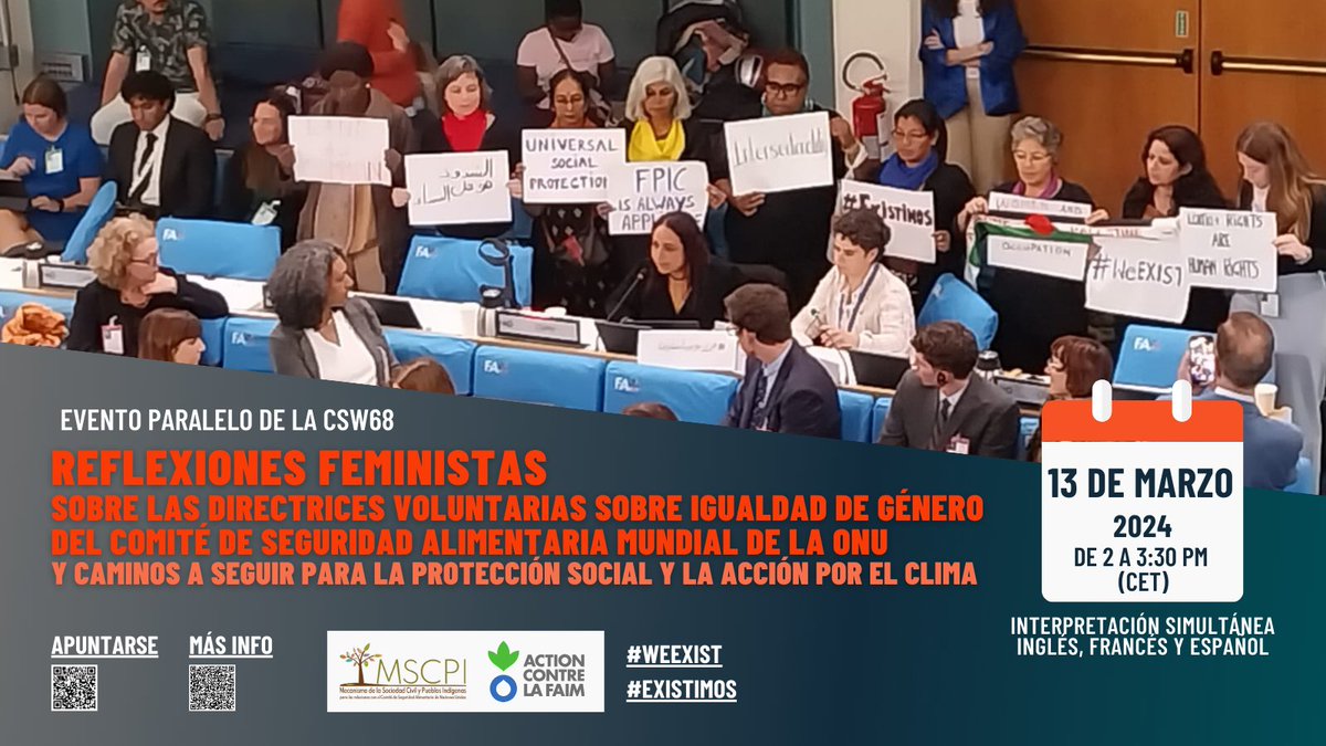 CSM4CFS's tweet image. 📢Únete a nuestro evento paralelo a la #CSW68 titulado "Reflexiones feministas sobre las Directrices de género del CSA y caminos a seguir para la protección social y la acción por el clima" ¡Te esperamos! #CFSGender #Existimos✊
📅El 13 de marzo 🔗Apúntate
csm4cfs.org/es/reflexiones…