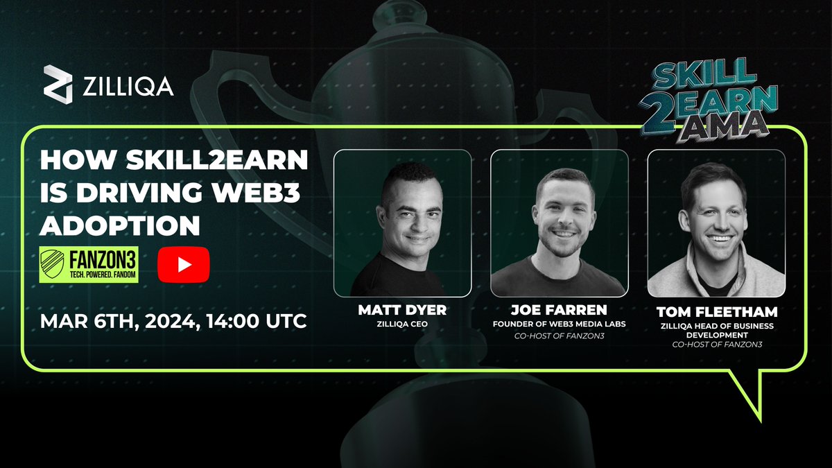 Join Zilliqa CEO @MattDDyer, our Head of Business Development Tom Fleetham, and Founder of @Web3MediaLabs Joe Farren for a special episode of the FANZON3 podcast - focusing on #Skill2Earn and how it's driving Web3 adoption! See you tomorrow at 14:00 UTC. youtube.com/live/NTMQDyii8…