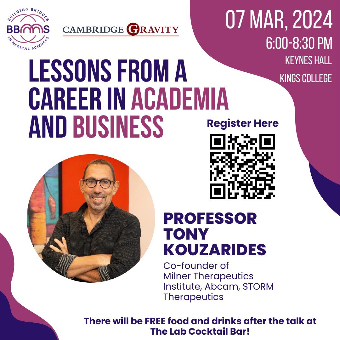 RohanKrajeski's tweet image. Come join us on March 7th at @Kings_College @Cambridge_Uni to hear more about Prof. Kouzarides and his career!