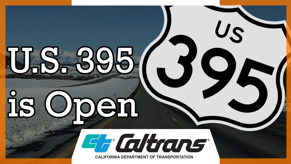 ATTN DRIVERS: U.S. 395 has reopened between State Route 167 and Bridgeport and is now open throughout Mono County. Drivers should be aware the highway is one lane in each direction over Conway Summit as crews are continuing to remove snow. 
#SlowDown #QuickMap