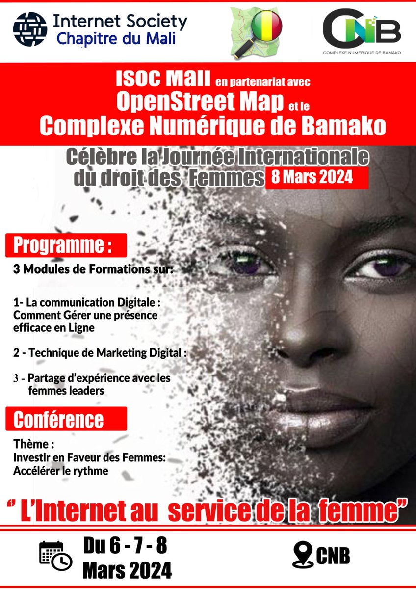 Célébration du 08 mars🎉 #Internet au service de la femme. @isocml en partenariat avec @OSM_Mali & @technopolemali organise à l'endroit de 30 femmes trois jours d'activités: Formations et conférence. Thème: Initiation aux outils de la communication digitale. 📆 06-07-08 mars.
