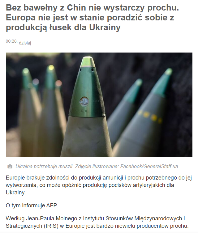 MajorZbik's tweet image. Taki drobny problem się robi. Zaczyna brakować prochu w Europie, bo bawełna niezbędna do jego produkcji była importowana z Chin. A Chiny &quot;jakby przez przypadek&quot; wstrzymały eksport do Europy pół roku temu. 

Komisarz Unii Europejskiej ds. rynku wewnętrznego Thierry Breton za…