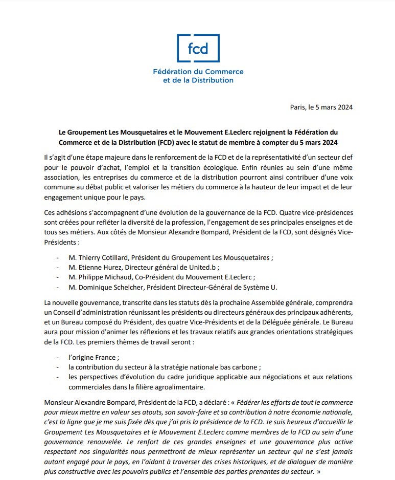 #Communiqué | Le Groupement Les Mousquetaires et le Mouvement E.Leclerc rejoignent la Fédération du Commerce et de la Distribution avec le statut de membre à compter du 5 mars 2024.