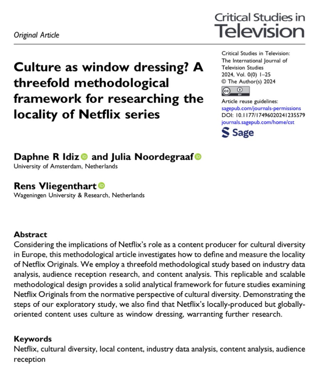 New #openaccess publication with Julia Noordegraaf &amp; <a href="/rensvl/">Rens Vliegenthart</a> just out in <a href="/CSTonlinetv/">Kim Akass</a>! We dig into the concept of locality 🌍 on #Netflix and propose a methodological framework using industry data 📊, textual analysis 📺, and reception research 🧐.

doi.org/10.1177/174960…