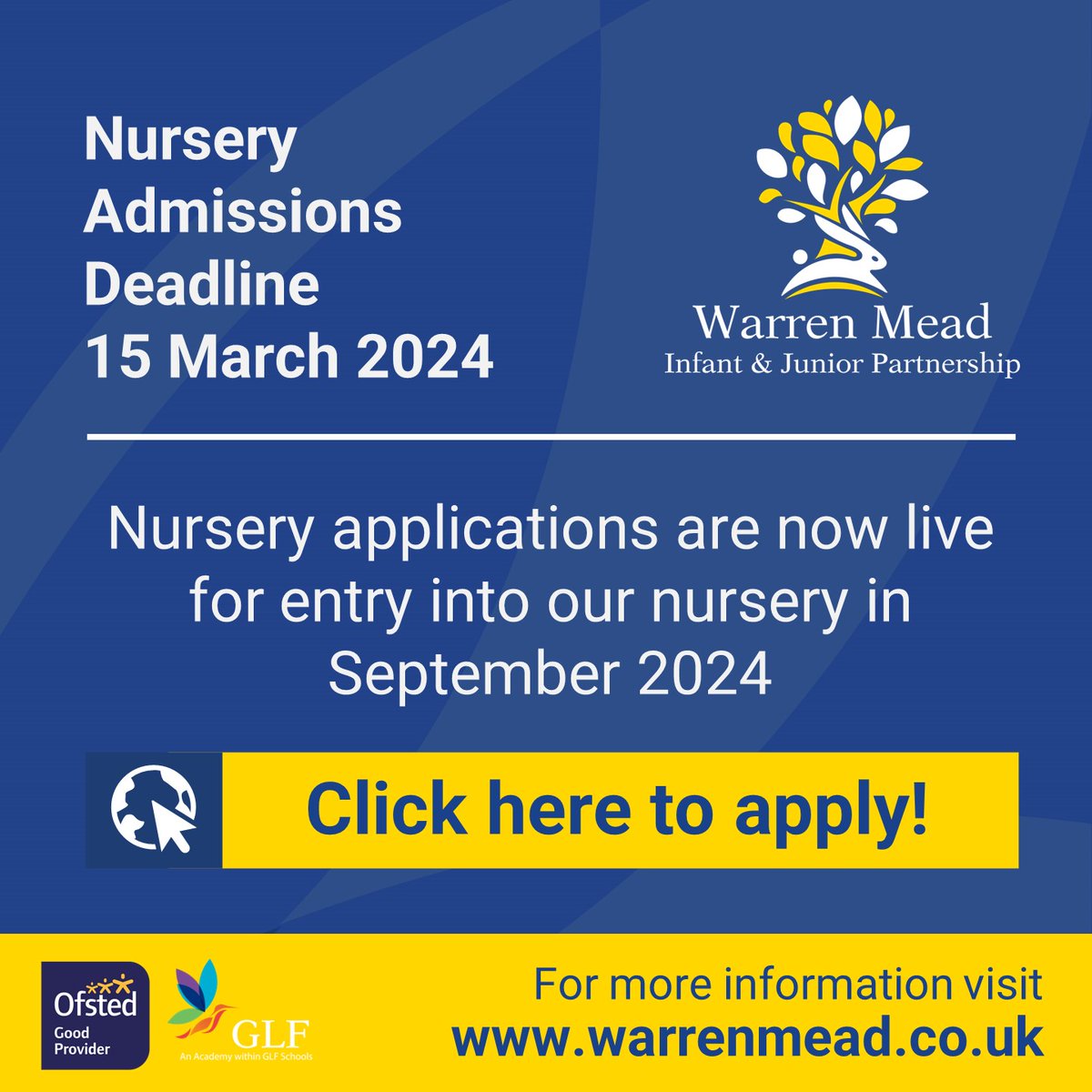NURSERY APPLICATIONS ARE NOW LIVE! You have until the 15th March 2024 to apply for a space at our incredible Warren Mead Nursery! To arrange a tour or apply for a space, please visit the link in our bio.