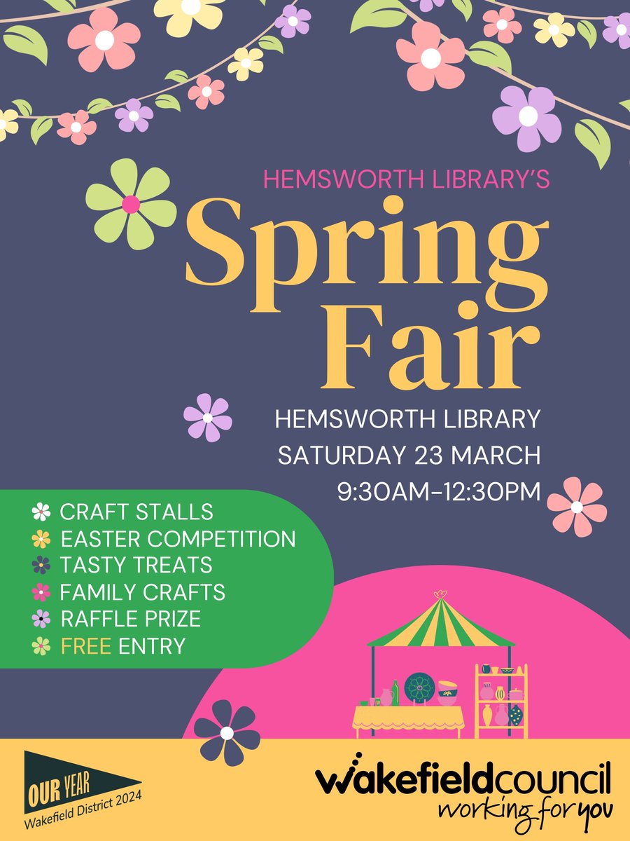 WFlibraries's tweet image. 🍀Join us at #HemsworthLibrary for a stupendous spring fair!
Craft stalls, raffle, tasty treats and so much more!
📅Sat 23 Mar ⏰9:30am-12:30pm 📍Hemsworth Library

#SpringFair #Hemsworth #Thingstodo #OurYear2024
@WFmuseum @MyWakefield @Wakeymumbler @ouryear2024