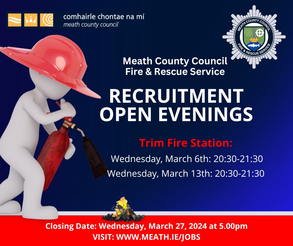 Would you be interested in joining our team of retained firefighters in Trim and becoming an important part of the emergency services in your local community? If so, come along to one of our open evenings! To apply visit meath.ie/jobs.