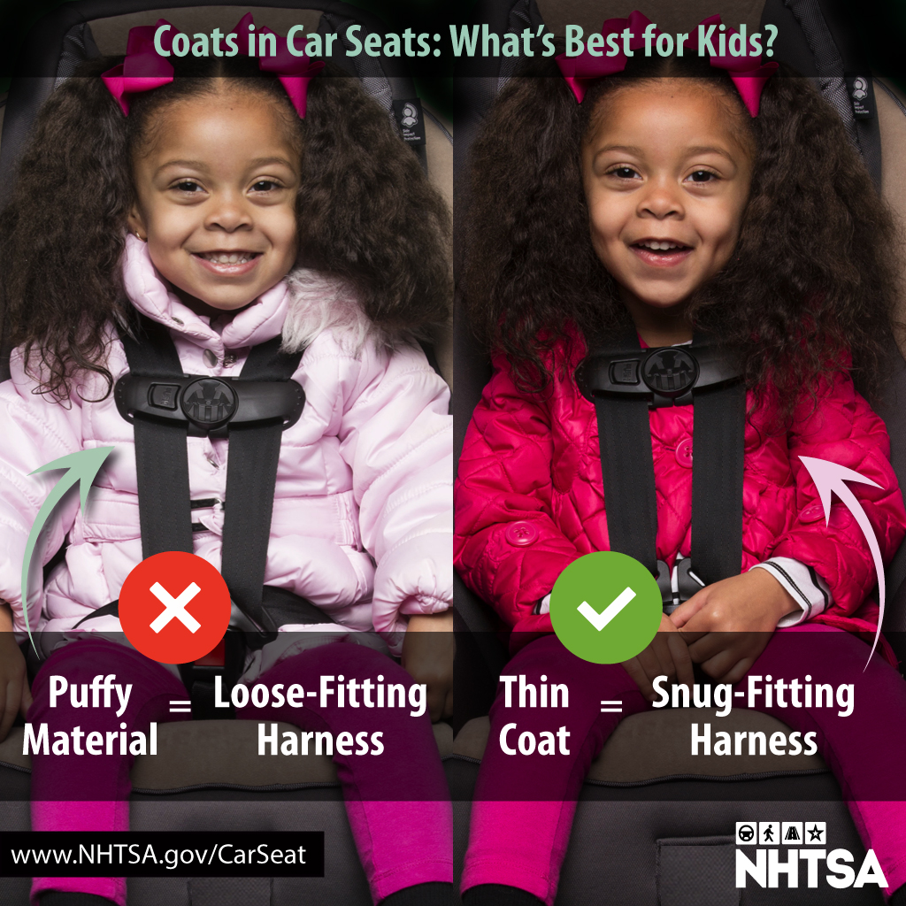 Too much bulk in a coat can create extra room in a harness. Thinner layers provide the same warmth, and the harness will still fit snugly. #TheRightSeat