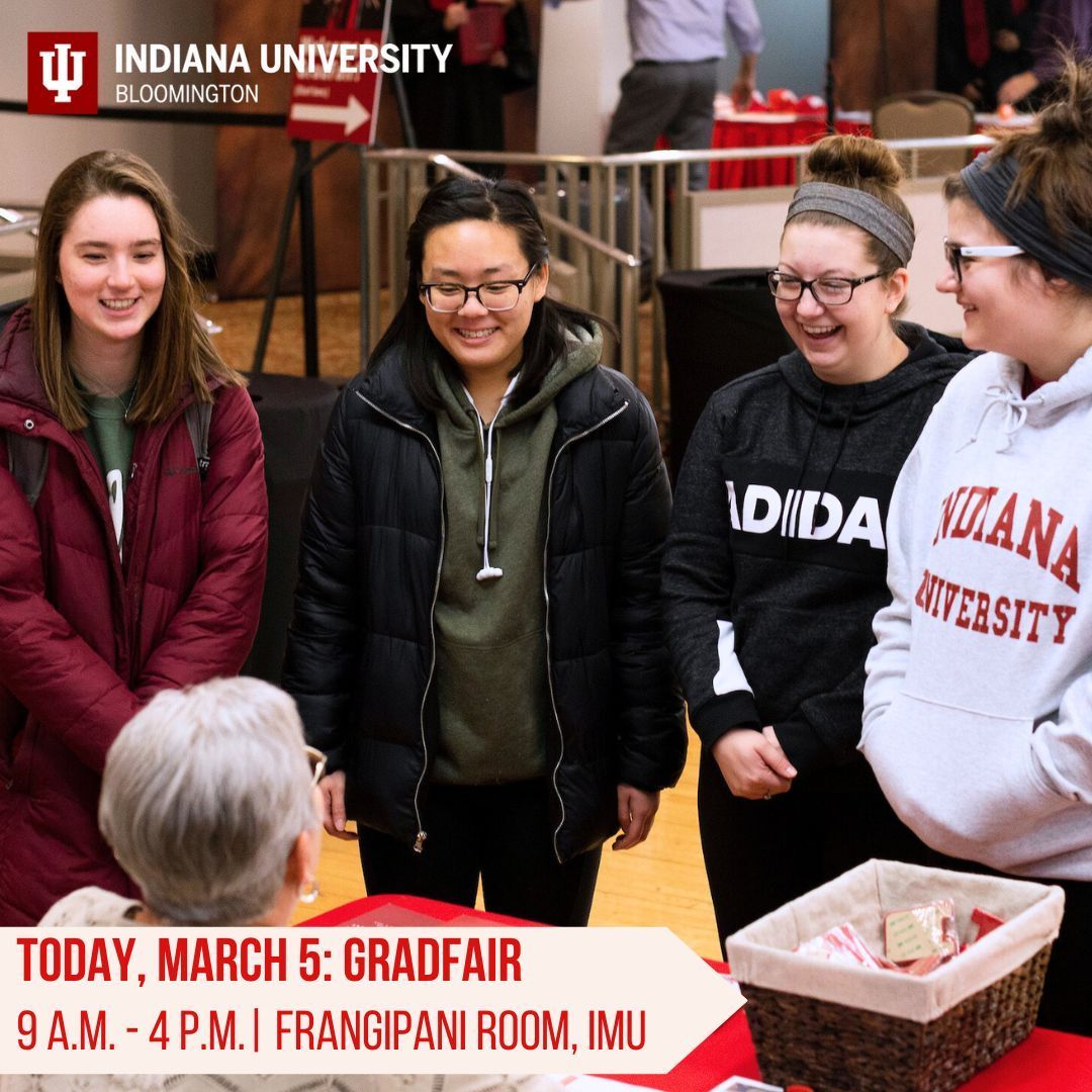 GradFair at IU Bloomington begins today, March 5, from 9 a.m. to 4 p.m. in the Frangipani Room! Knock out some to-do items before Commencement, all in one place. ✔ Can’t make it today? GradFair will still be happening tomorrow, March 6, from 9 a.m. to 4 p.m. See you there!