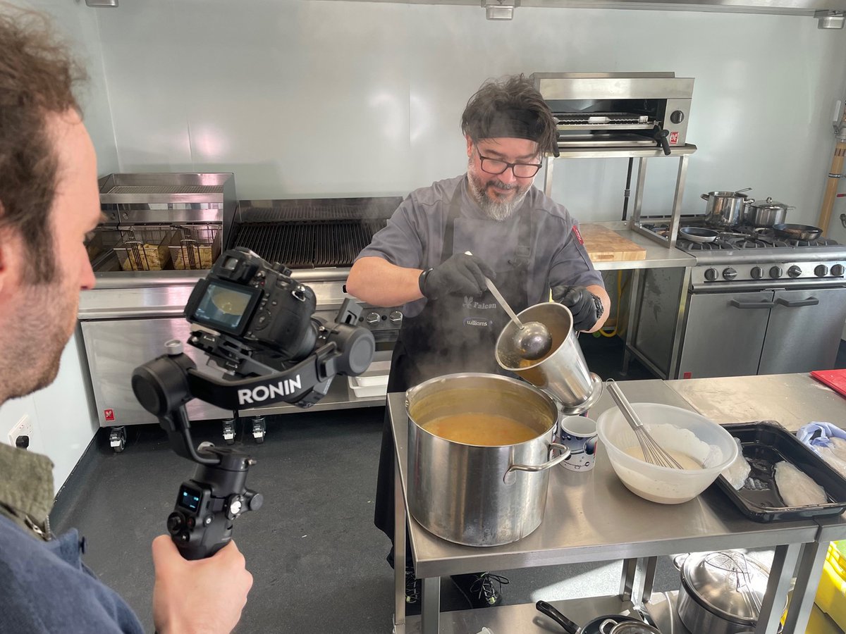 Our expert cameraman Callum seen filming @FalconFoodserv 's highly talented development Shaune Hall aka @keepitcooking1 at work in the UK's first hydrogen powered commercial kitchen! Next on the menu, lentil soup freshly made using hydrogen.