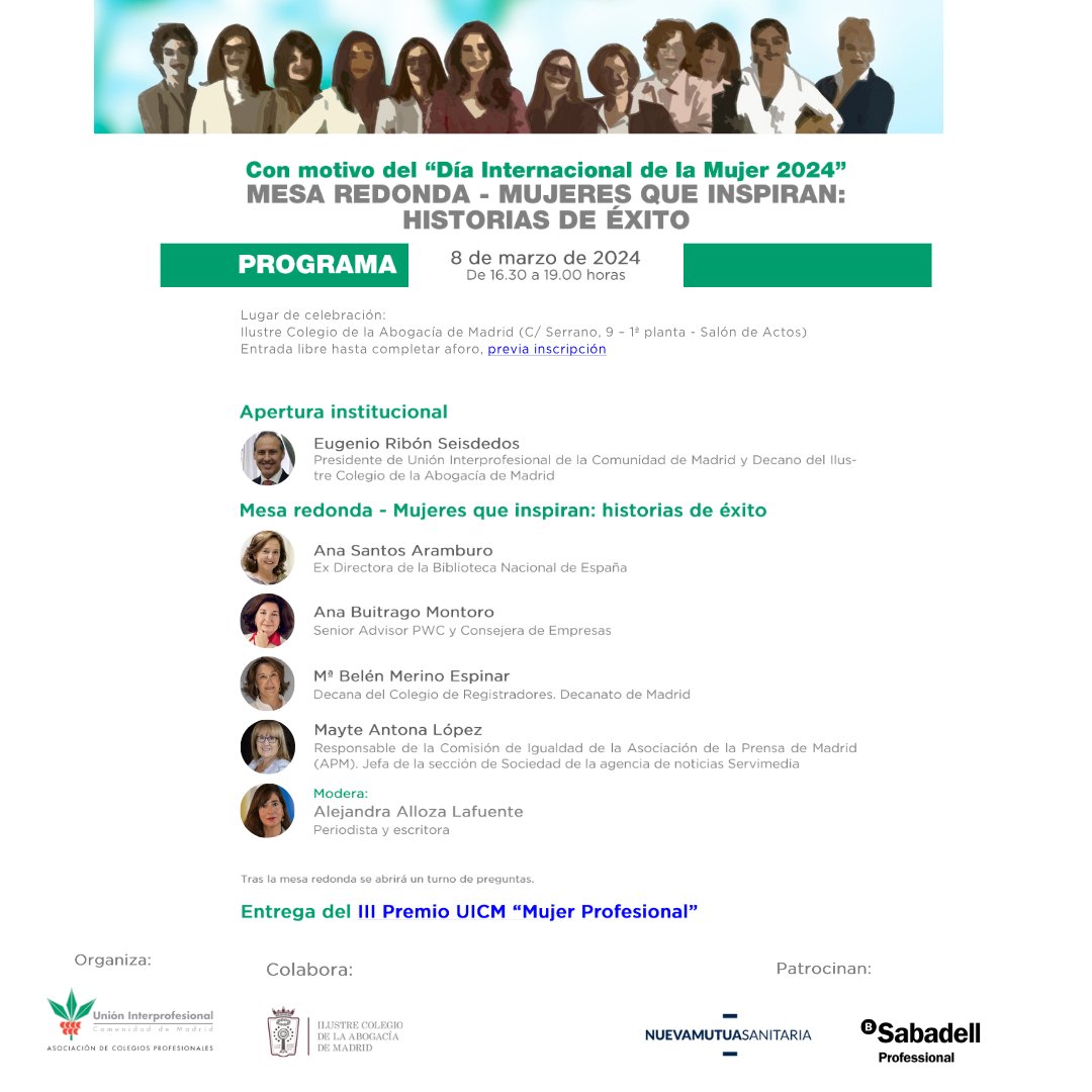 🟢 🗣️Mesa Redonda "𝗠𝘂𝗷𝗲𝗿𝗲𝘀 𝗾𝘂𝗲 𝗶𝗻𝘀𝗽𝗶𝗿𝗮𝗻: 𝗵𝗶𝘀𝘁𝗼𝗿𝗶𝗮𝘀 𝗱𝗲 𝗲́𝘅𝗶𝘁𝗼"

☝️ Con motivo del “#DíaInternacionalDeDaMujer”.

📆 8 de marzo, 16:30h
📍 Salón de Actos del Ilustre Colegio de la Abogacía de Madrid.

📲 Previa inscripción: uicm.es/news/mesa-redo…