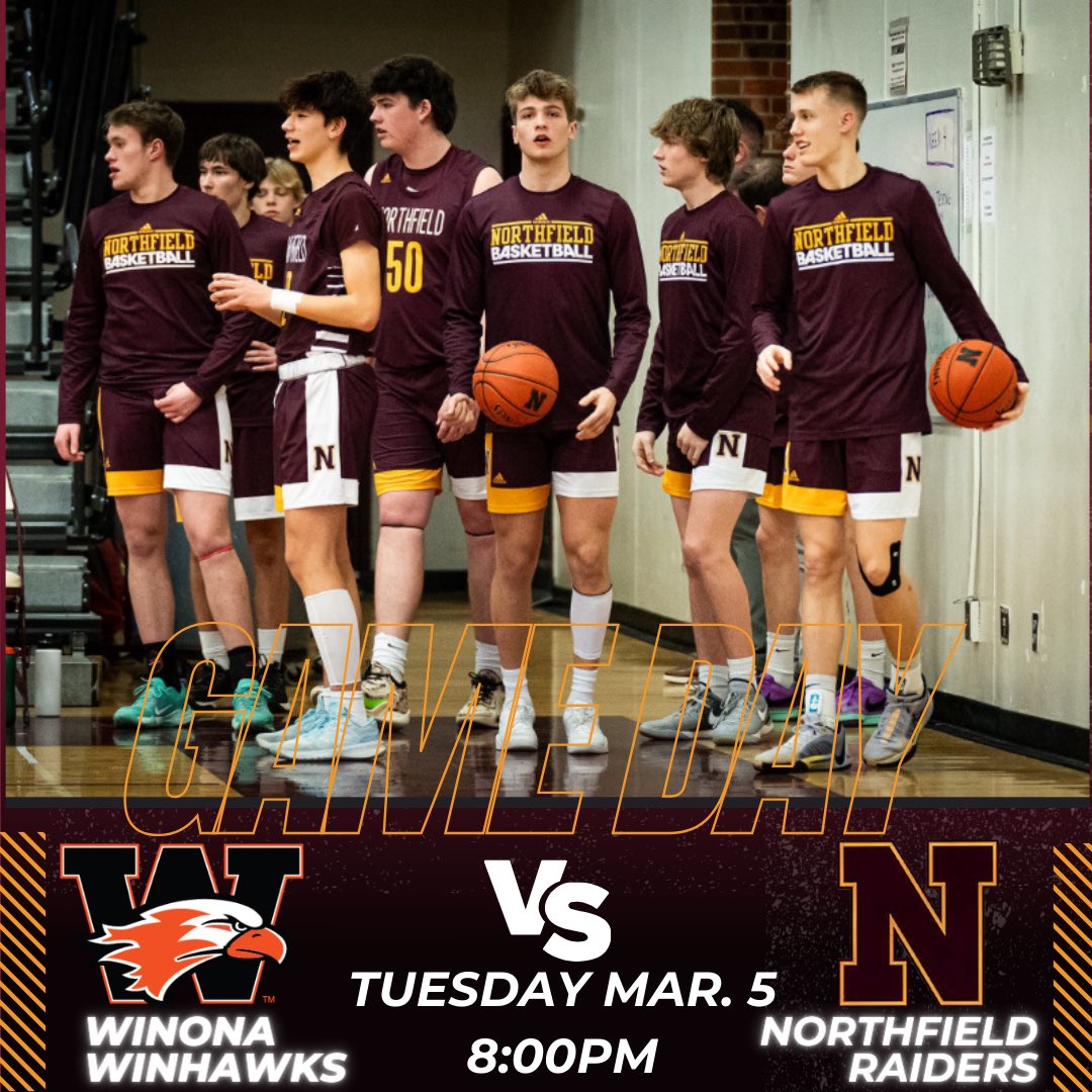 NorthfieldHoops's tweet photo. It’s that time‼️ Your #3 seeded Raiders host the #6 seeded Winona Winhawks tonight at 8:01pm‼️ First 100 students will get in free🔥🔥 Go Raiders‼️ https://t.co/JMuyZJuZL4