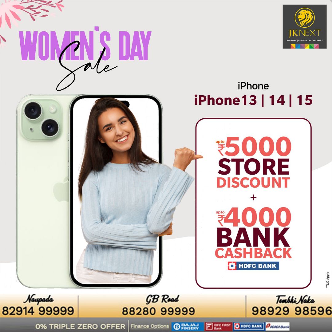 Celebrate #WomensDay with JK Next and get special deals on Apple products. Call 88280 99999. #Mobiles #InternationalWomensDay #iPhone13 #iPhone14 #iPhone15 #HiranandaniEstate #Naupada #TembhiNaka