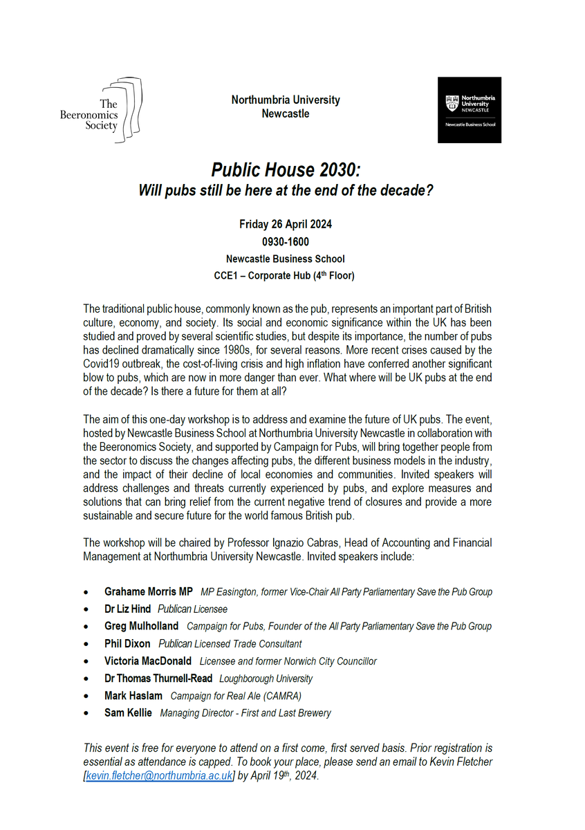 Public House 2030: Will pubs still be here at the end of the decade? One-day workshop on the future of British pubs on Friday 26 April 2024 - limited availability, first come first served. Join us at Newcastle Business School @NorthumbriaUni #pubs #beer #takeontomorrow