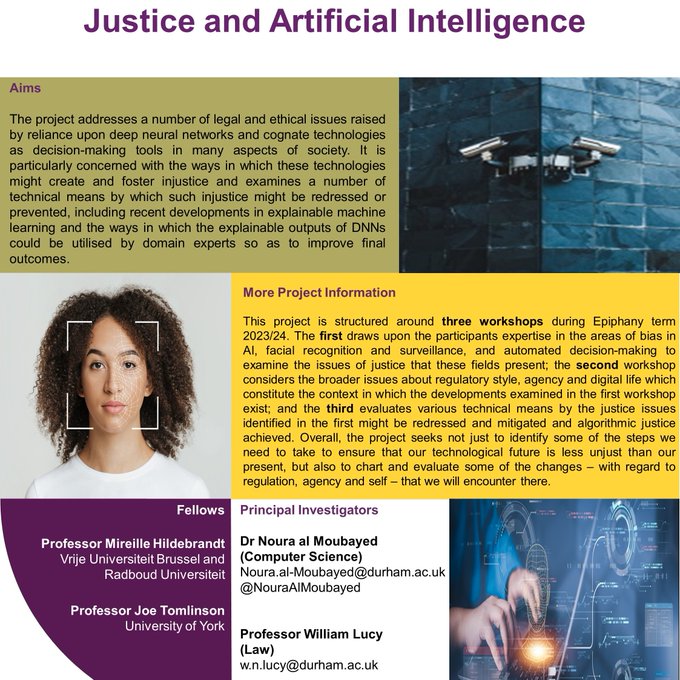 The 2nd workshop on 'Justice & AI' led by William Lucy & Noura Al-Moubayed takes place tomorrow at 12pm in the IAS, and draws upon expertise in the areas of bias in AI, facial recognition & surveillance. See dur.ac.uk/ias @DurhamLawSchool @comp_sci_durham @JoePTomlinson