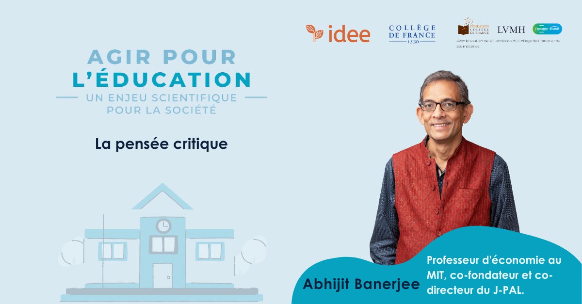 #SaveTheDate Le 06 mars prochain, le cycle de conférences Agir pour l’éducation continue, avec Abhijit Banerjee qui interviendra sur “La pensée critique”. 🗣️Anglais, traduction simultanée 🕐17h30 à 18h30 🏫@cdf1530, Amphithéâtre Marguerite de Navarre ➕college-de-france.fr/fr/agenda/gran…