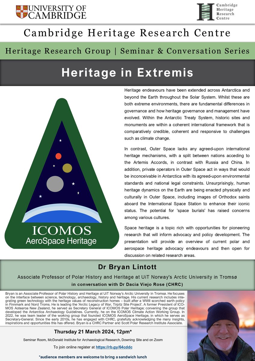 ICYMI: Join us tomorrow (21st March, 1pm) for our latest CHRC lunchtime lecture. Dr. Bryan Lintott will be joining us to talk about Heritage in Extremis. Join us in person at the McDonald Institute, or online here: rb.gy/64cddc